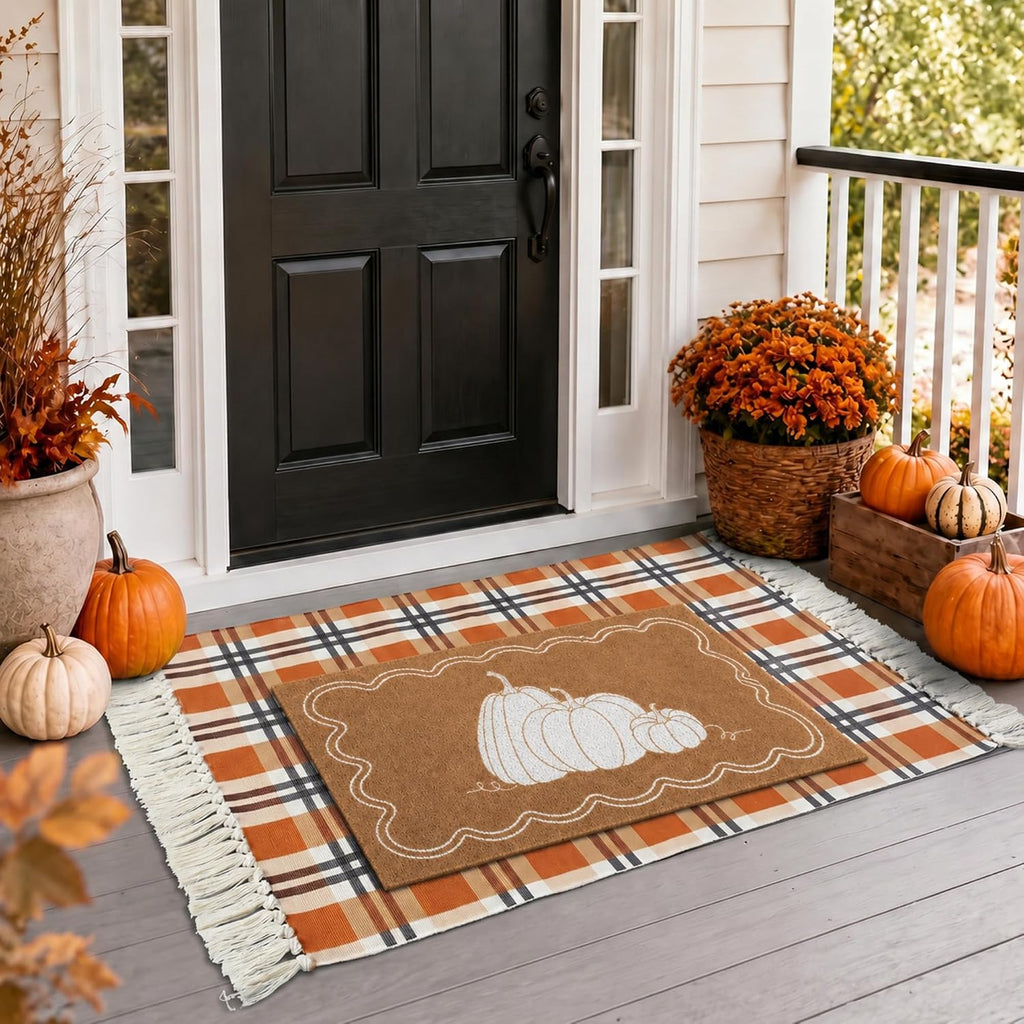 Fall Buffalo Plaid Rug Outdoor Cotton Orange Autumn Rug 28 x 43 Inch