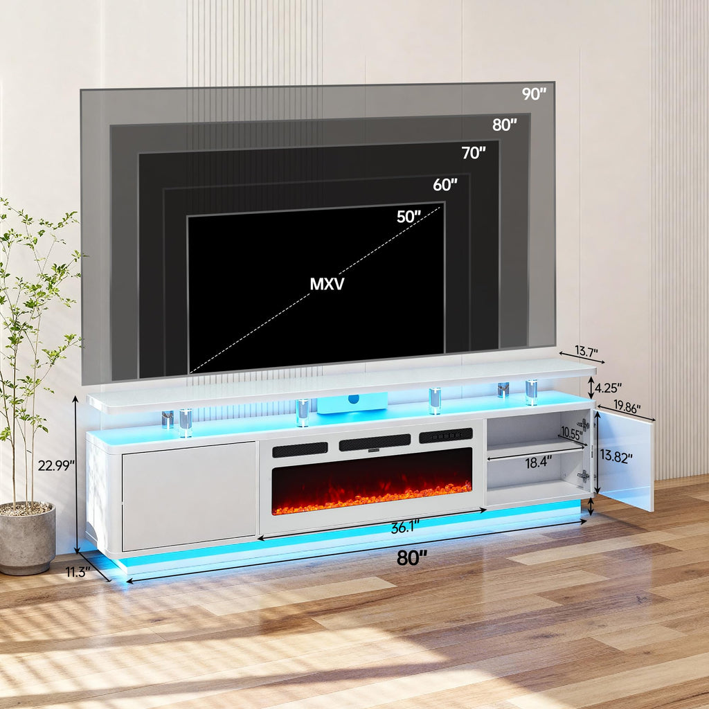 80" Fireplace TV Stand for TVs UP to 90", Entertainment Center with 36" Fireplace & Double LED Lights, TV Console