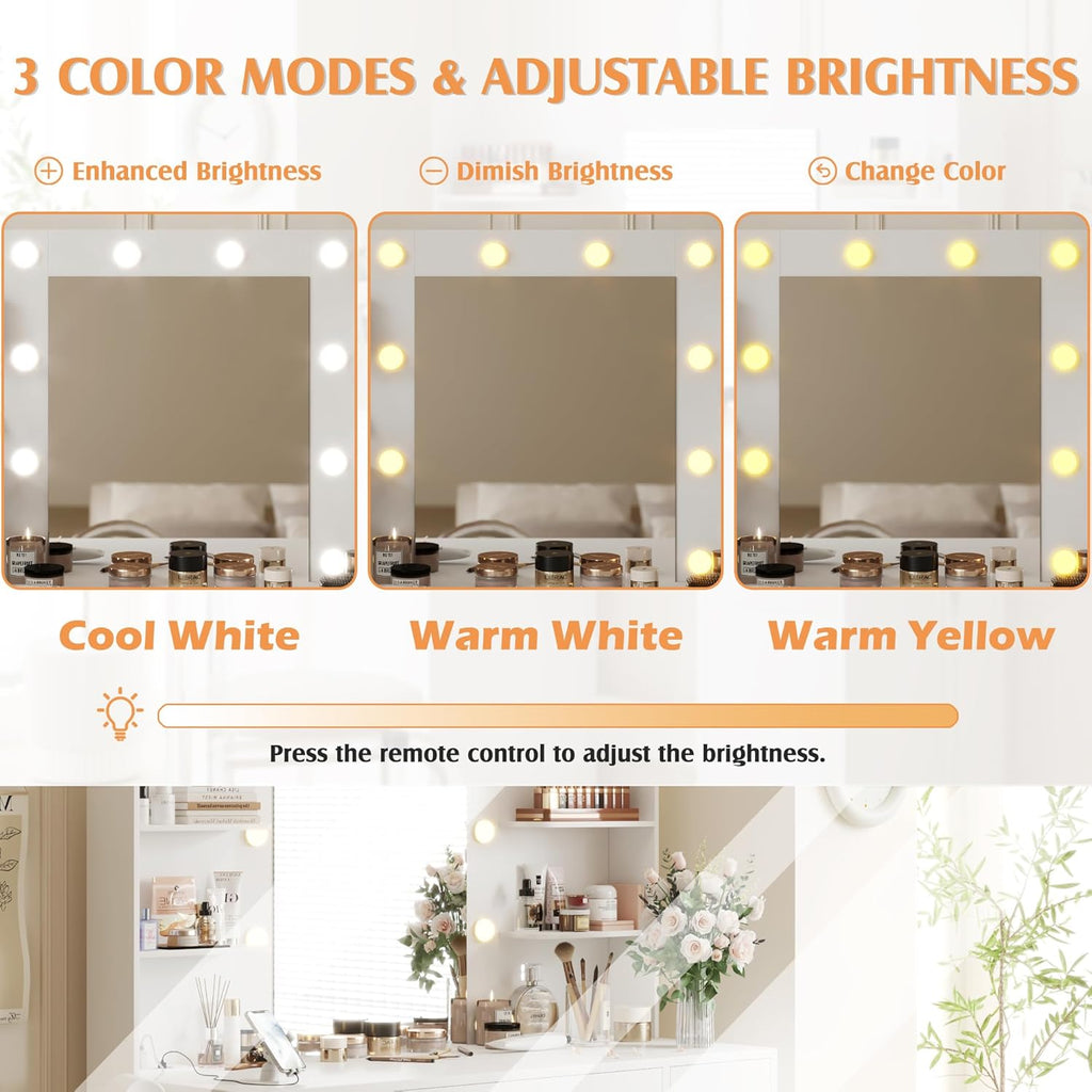 Vanity Desk with Mirror, Power Outlet and 10 Lights, Makeup Table with 7 Drawers, 3 Color Modes Available , Pure White