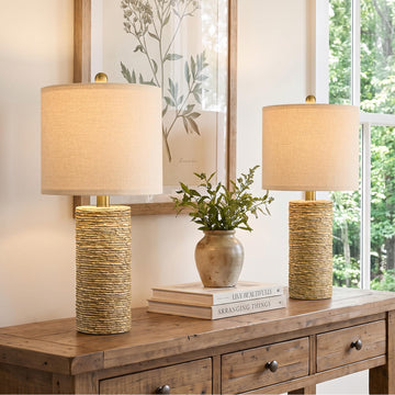 20" Boho Lamps Set of 2, Rustic Resin Woven Rattan-Look Coastal Table Lamps