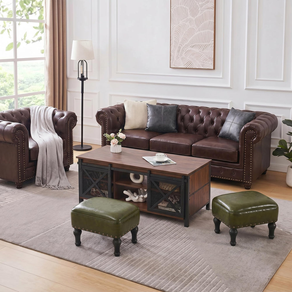 Ottoman Leather Footrest, Vintage Footstool with Hidden Storage, Thickened Foam Upholstered Seat, Solid Beechwood