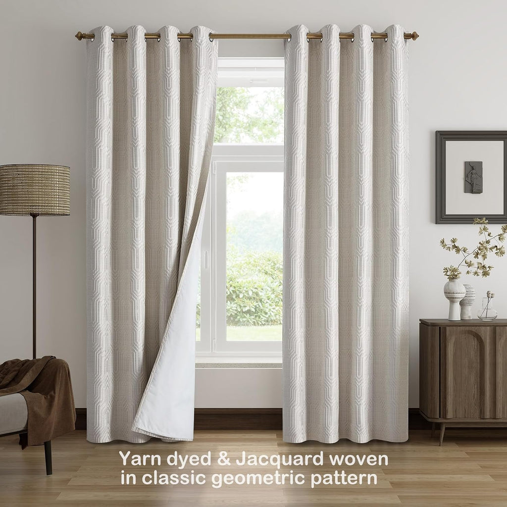 Beige and Silvery 100% Blackout Jacquard Geometric Pattern Curtains,52 Inch Wide 84 Inches Long 2 Panels, Thermal
