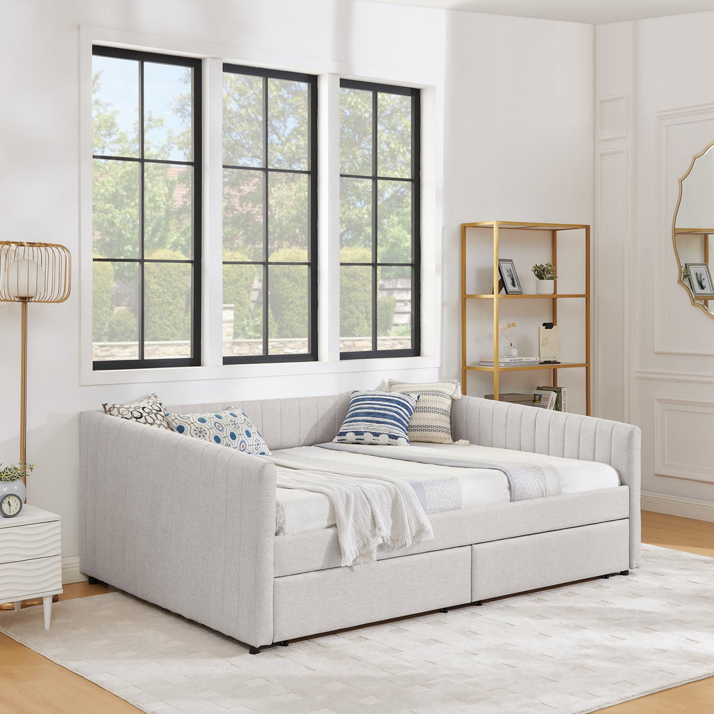 Queen Size Linen Upholstery Daybed with 2 Drawers, Modern Style Tufted Corner Sofa Bed Frame with Solid Wooden Slats