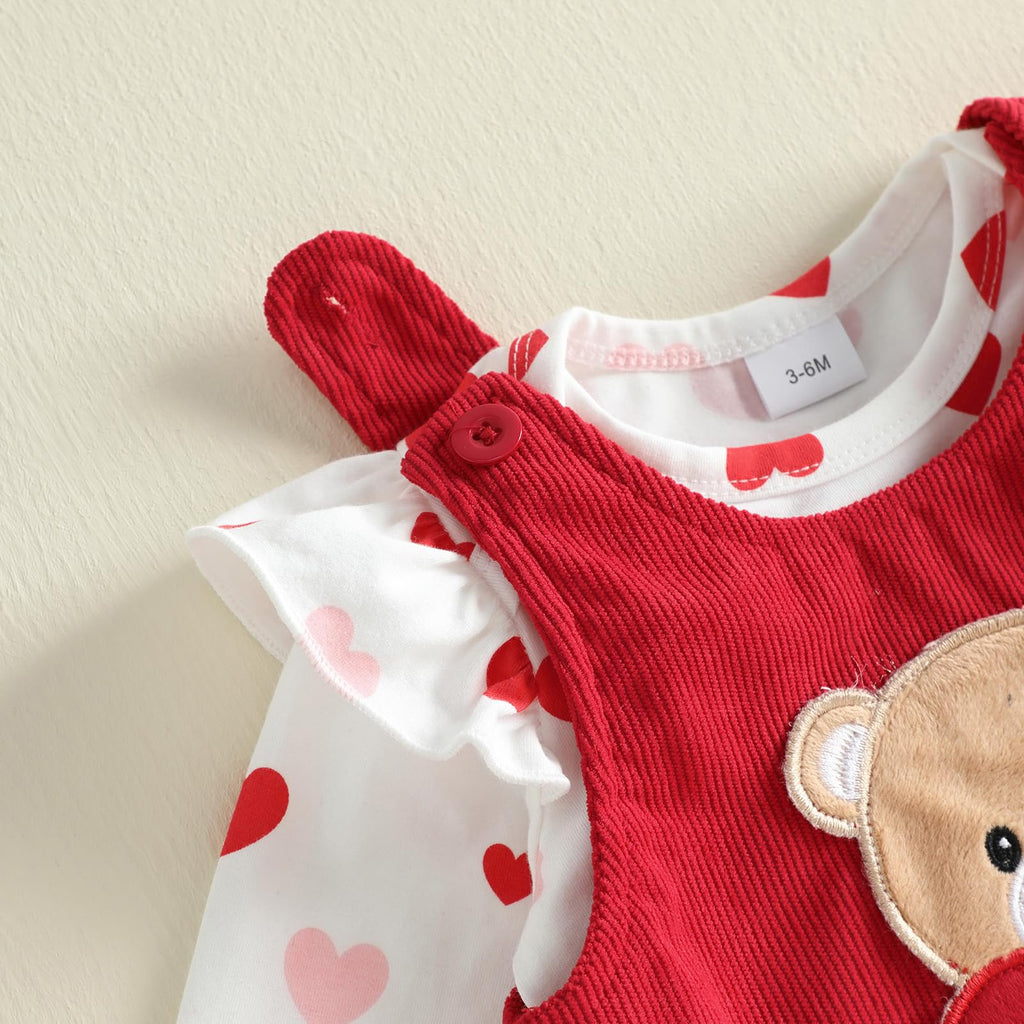 My First Valentines Day Baby Girl Outfit Ruffle Long Sleeve Romper Love Heart Overall Dress Headband Cute Clothes