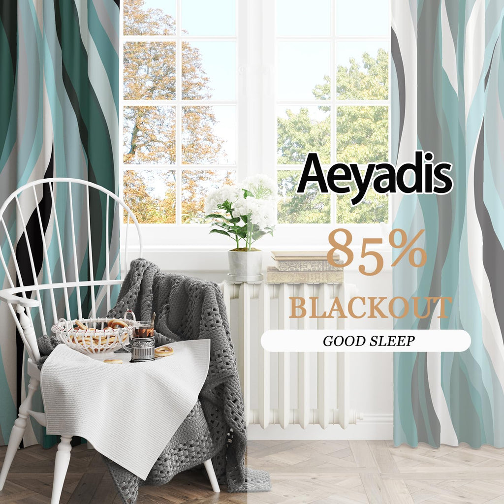 Teal White Abstract Blackout Curtain, Stripe Black White Gray Aesthetic Art Window Curtains Living Room Bedroom Decor