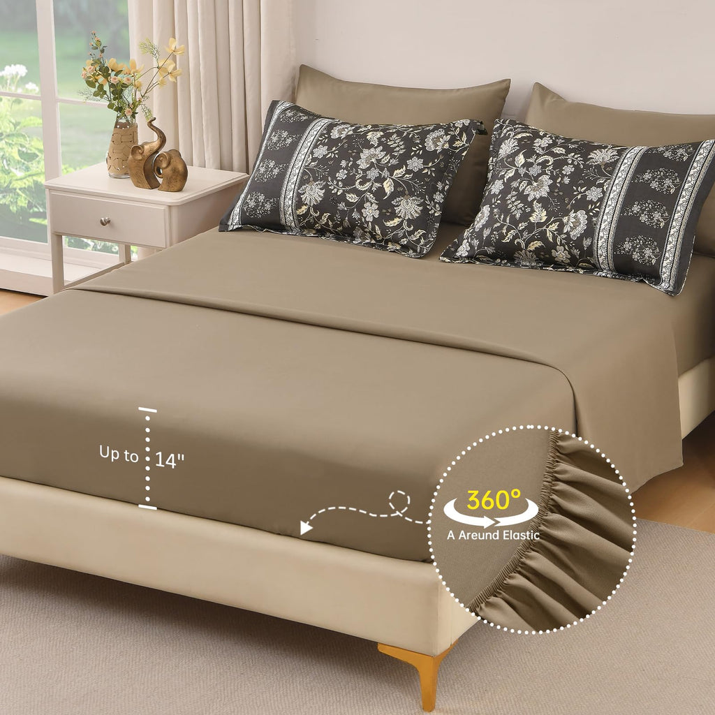 Boho Comforter Set Queen, Reversible Brown Gray Bedding Paisley 7 Piece