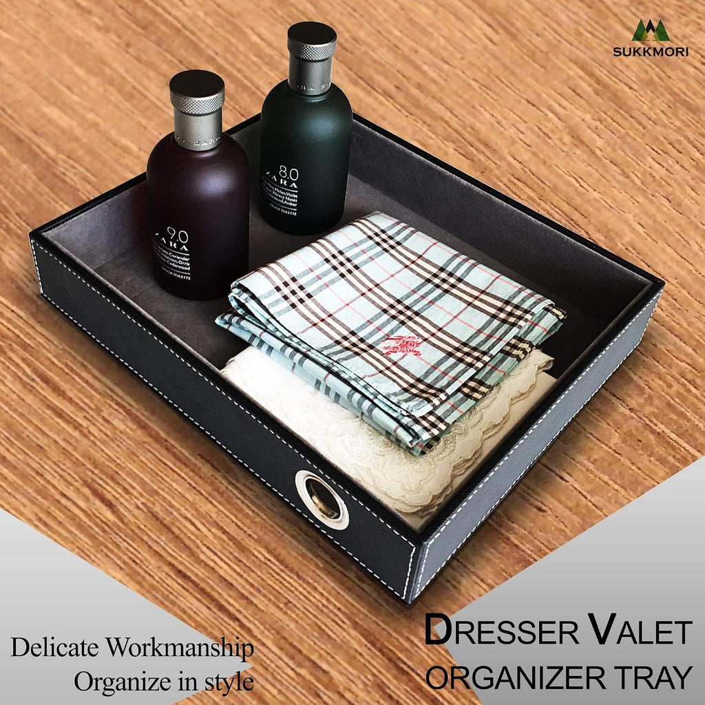 Valet Tray with Charging Station - PU Leather Nightstand Organizer for Men and Women, Desk Catchall Tray for Keys