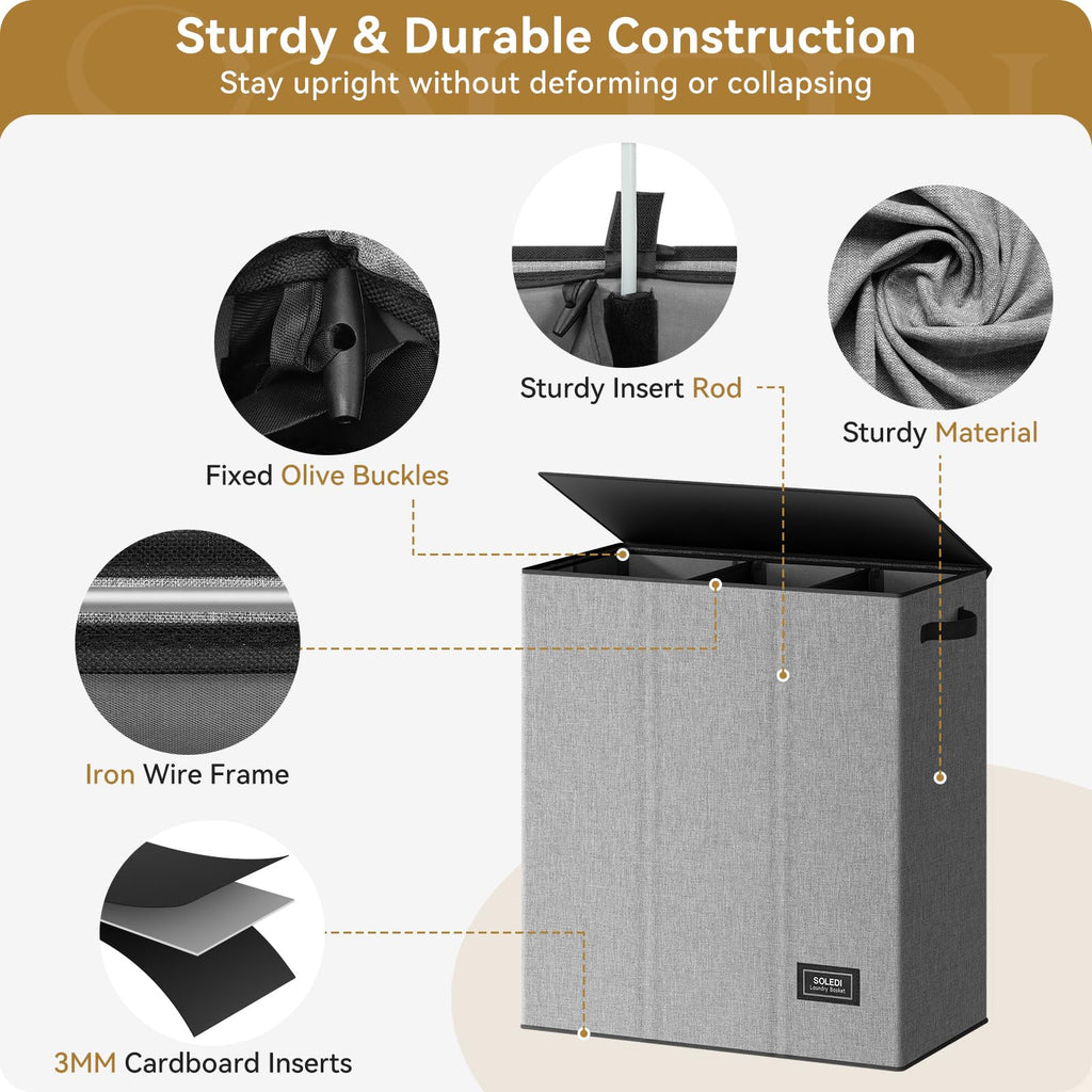 160L Laundry Hamper 3 Section, Extra Large Laundry Hamper with Lid, Dirty Clothes Hamper with Sturdy Handle, Large