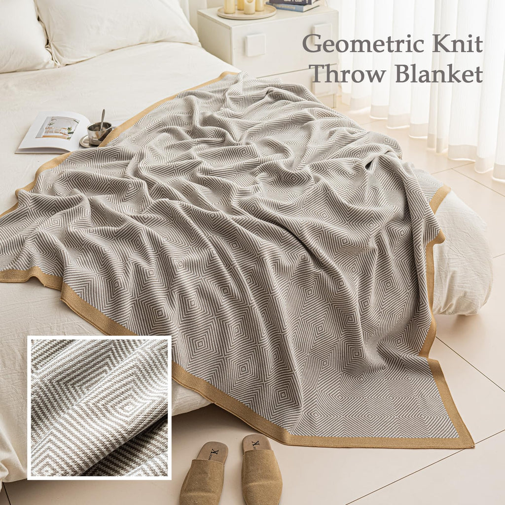 Geometric Woven Throw Blanket with Gold Trim for Sofa Bed Couch