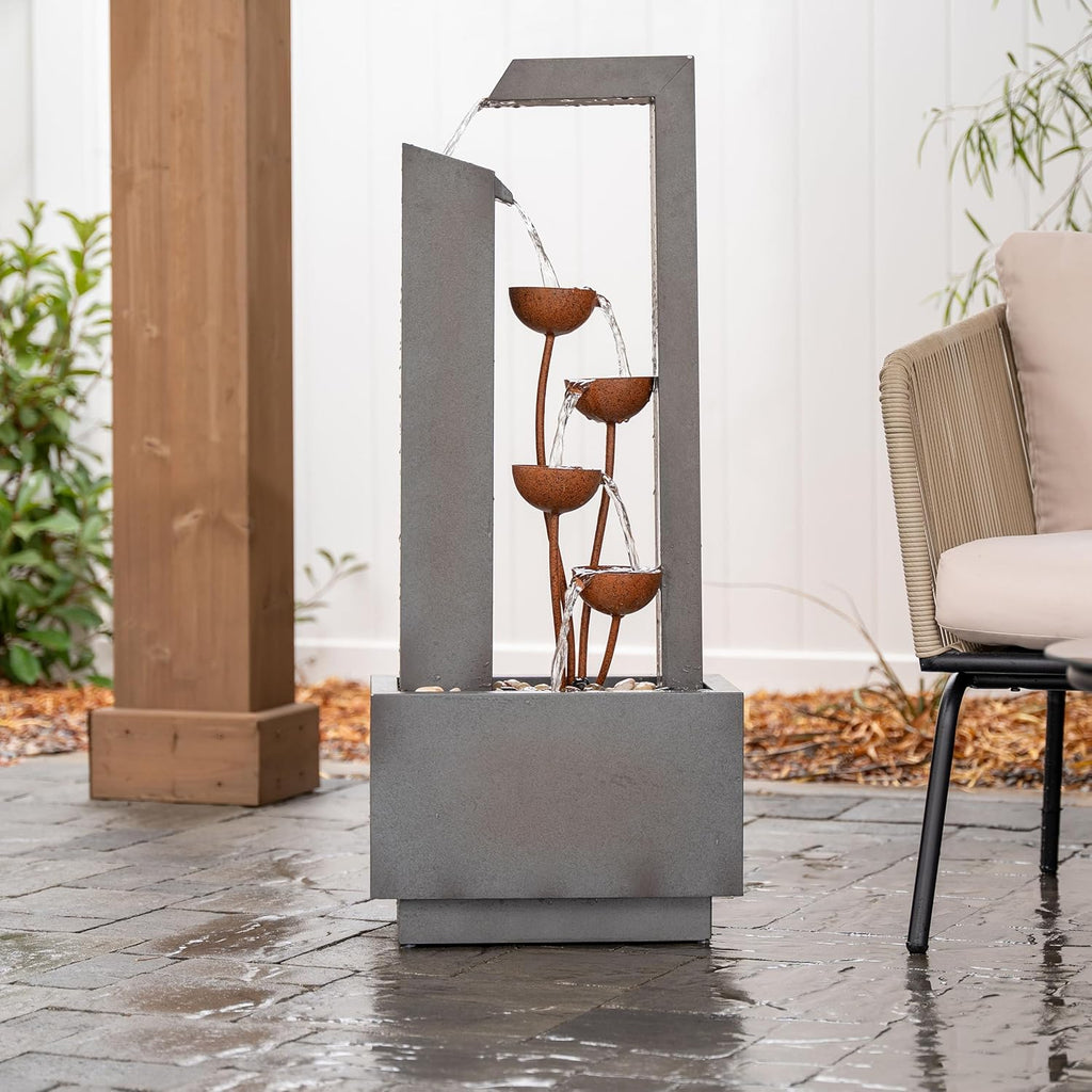 38" Tall Gray and Bronze Metal Sculptural Flower Multi-Tier Freestanding Water Fountain for Indoor & Outdoor Use