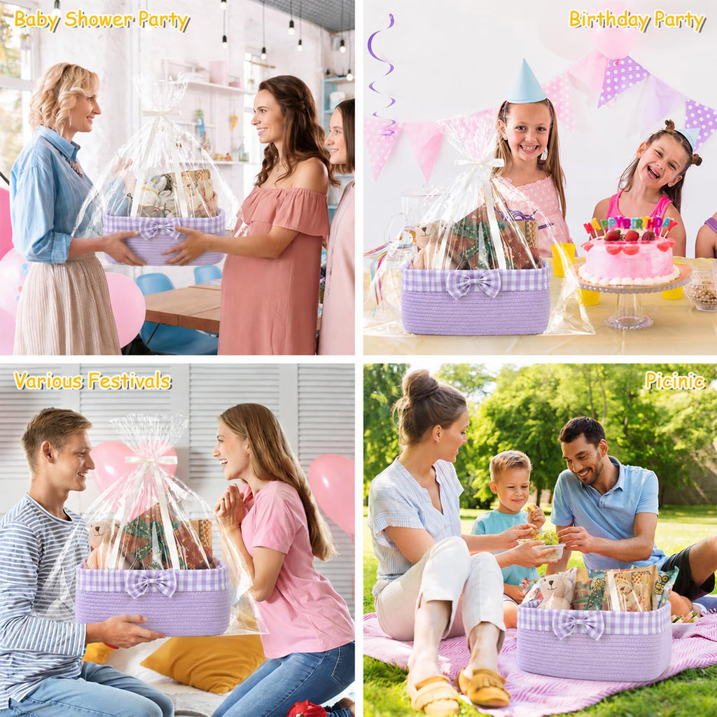 Basket for Gifts Empty, Large Gift Basket 13L with Gift Bag and Ribbon, Woven Cotton Basket for Baby Showers