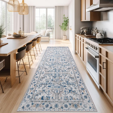 3x10 Washable Hallway Runner Rug, Vintage Floral Non-Slip, Blue