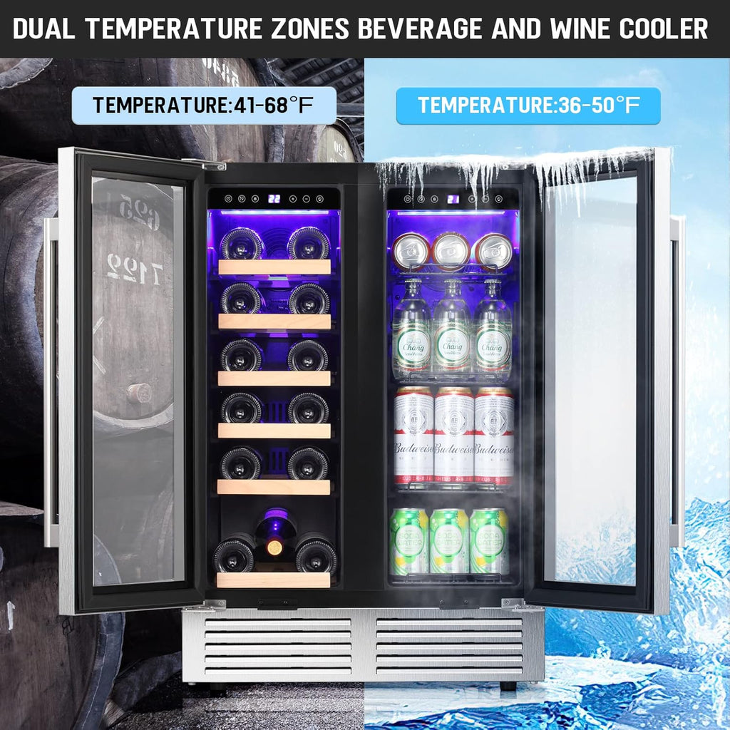 Wine and Beverage Refrigerator, 24 Inch Dual Zone Wine Cooler with Glass Door