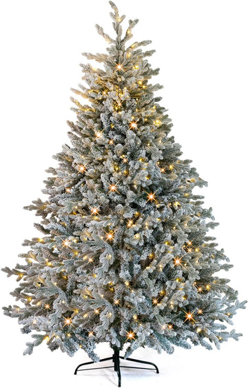 7ft Flocked Xmas Tree with 400 Warm White LED Lights, Pre-lit Design, 1100 Branch Tips, 8 Dynamic Modes, PE and PVC