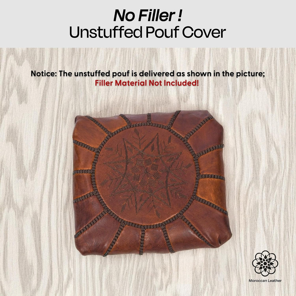 Pouf Ottoman Cover, Unstuffed Foot Stool, Round Boho Footrest Decor Gift (Dark Tan By Brown)