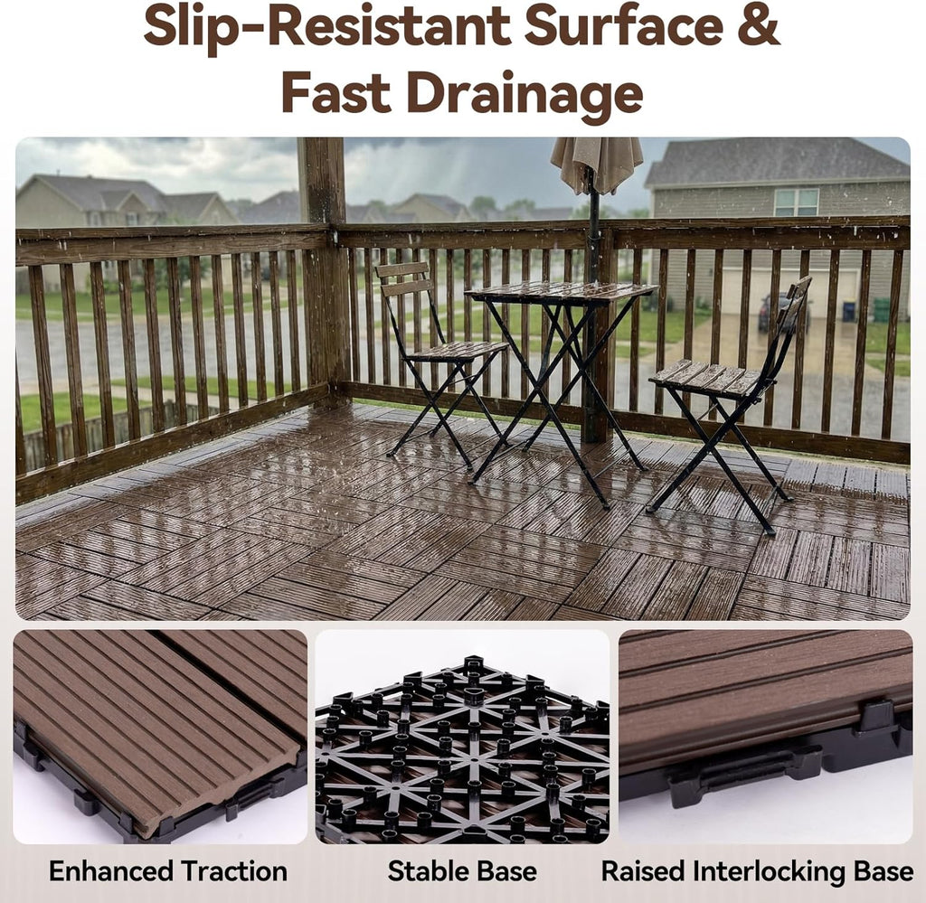 Composite Deck Tiles Interlocking Patio Flooring Outdoor, 10 Pcs 12x12 Inch Durable HDPE Tiles Waterproof, All-Weather