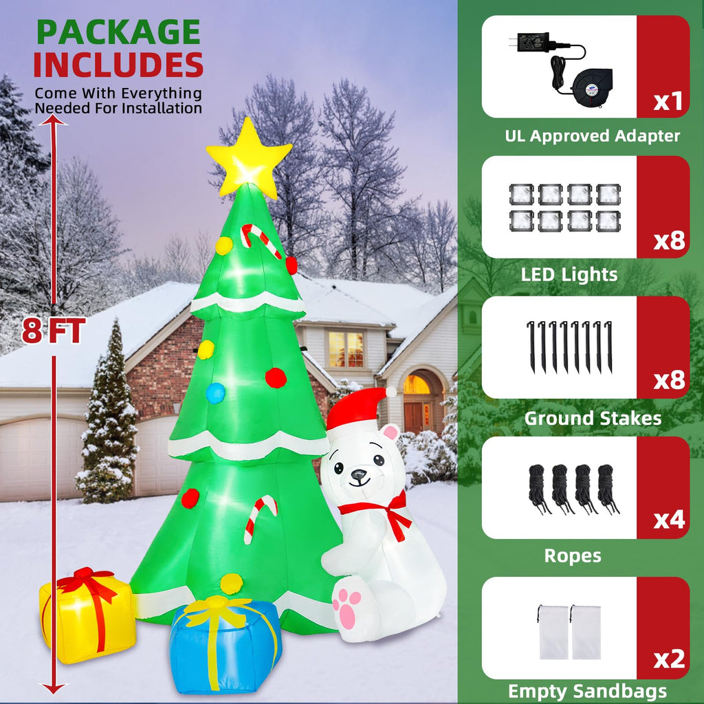 8FT Inflatable Tree Christmas Decorations Outdoor, Xmas Inflatables Polar Bear Holding Christmas Tree Built-in LEDs