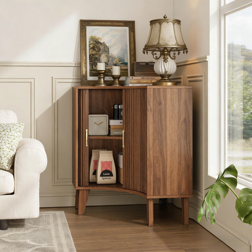 Fluted Corner Cabinet with Doors, Corner Kitchen Cabinet, Wine Bar, Sideboard