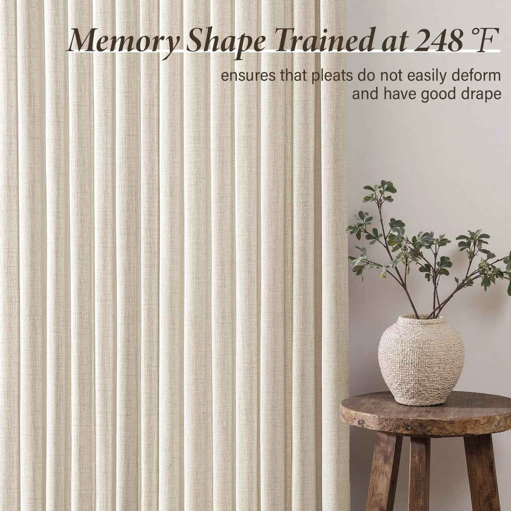 Pinch Pleated Thick Linen Curtains 90 Inches 4 Panels Set Ivory Cream Back Tab Memory Trained Pinch Pleat Semi Sheer