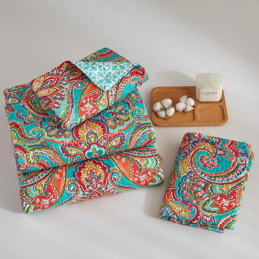100% Cotton Boho Quilt Set King Size Vibrant Bohemian Paisley Bed Coverlet