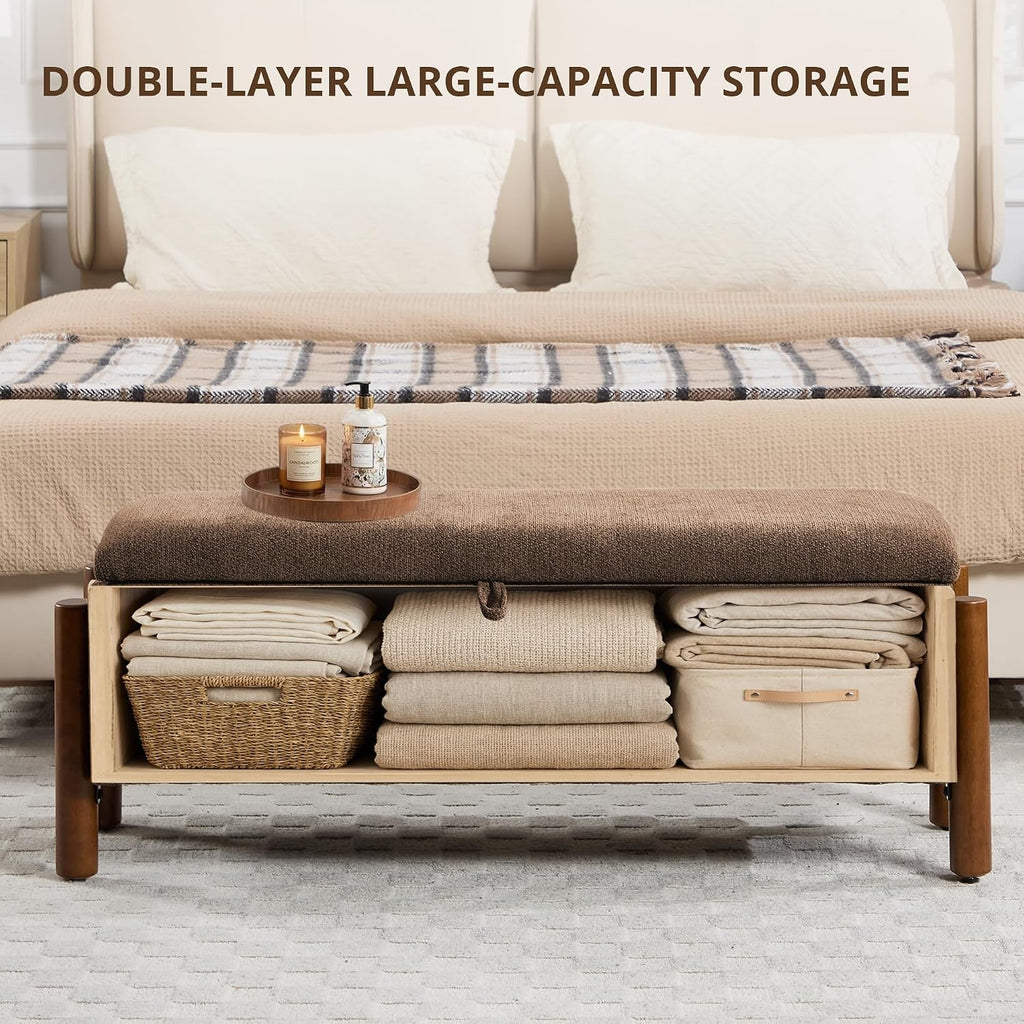 47'' Modern Storage Ottoman Benches with Walnut Wood Legs Ottoman Bench with 22 Gallons Storage Space Fabric