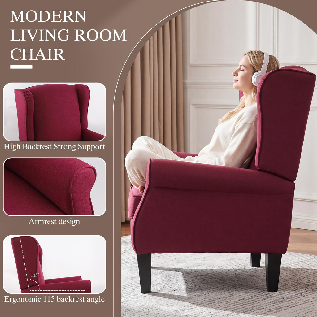 Wingback Accent Chair with Nailhead Trim, Mid Century Modern Armchair (Linen Red, Set of 2)