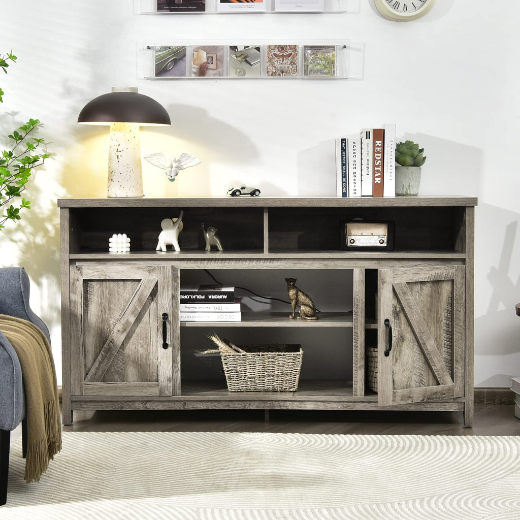 Modern Farmhouse TV Stand with Double Barn Doors, 59 inch TV Storage Cabinet for TVs Up to 65 Inches, Adjustable