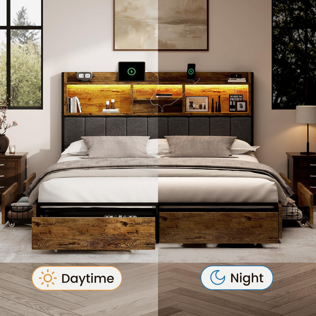 Bed Frame with 6 Storage Drawers, Linen Upholstered Headboard, Built-in USB Charging Station & LED Lighting