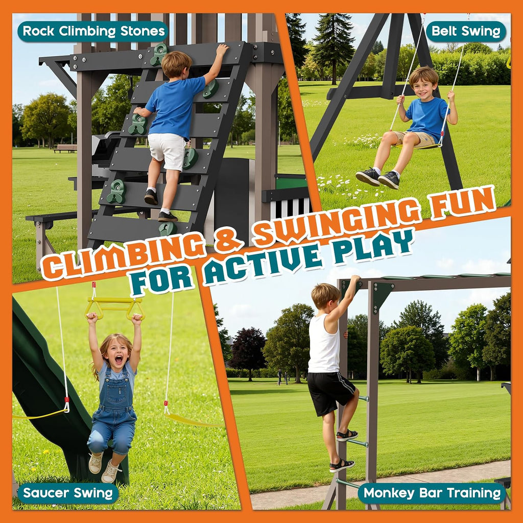 Wooden Swing Set for Kids, Outdoor Playset with Playhouse | 11-in-1 Backyard Playground, Wave Slide, 2 Swings