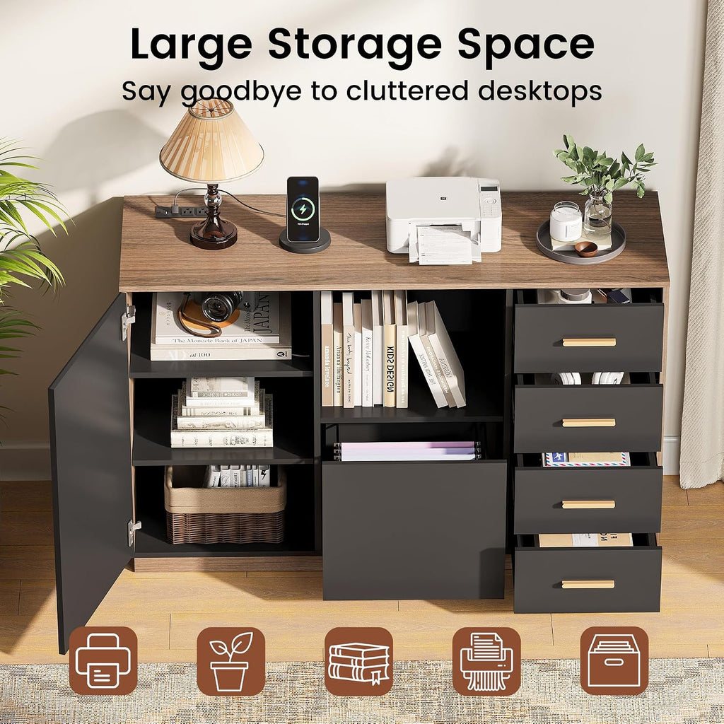 47.2" File Cabinet with 5 Drawer & Door, Charging Station | Office Storage Cabinet with Adjustable Shelves, Fits