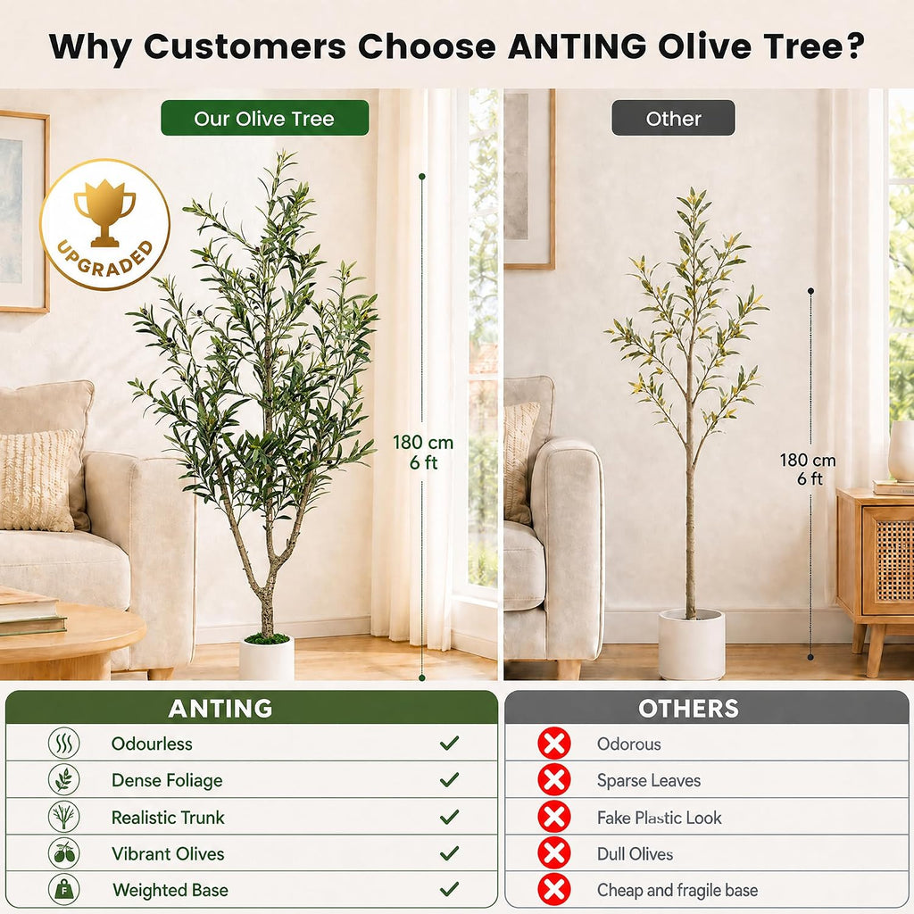 Olive Trees Artificial Indoor, 6ft Tall Olive Tree with White Planter, Faux olive tree with Natural Wood Trunk &