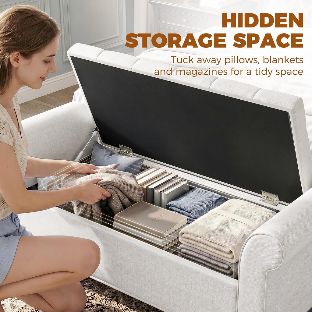 47" Storage Ottoman End of Bed Bench with Rolled Arms Cream White | Long Ottoman with Storage Chest, Safety Hinge