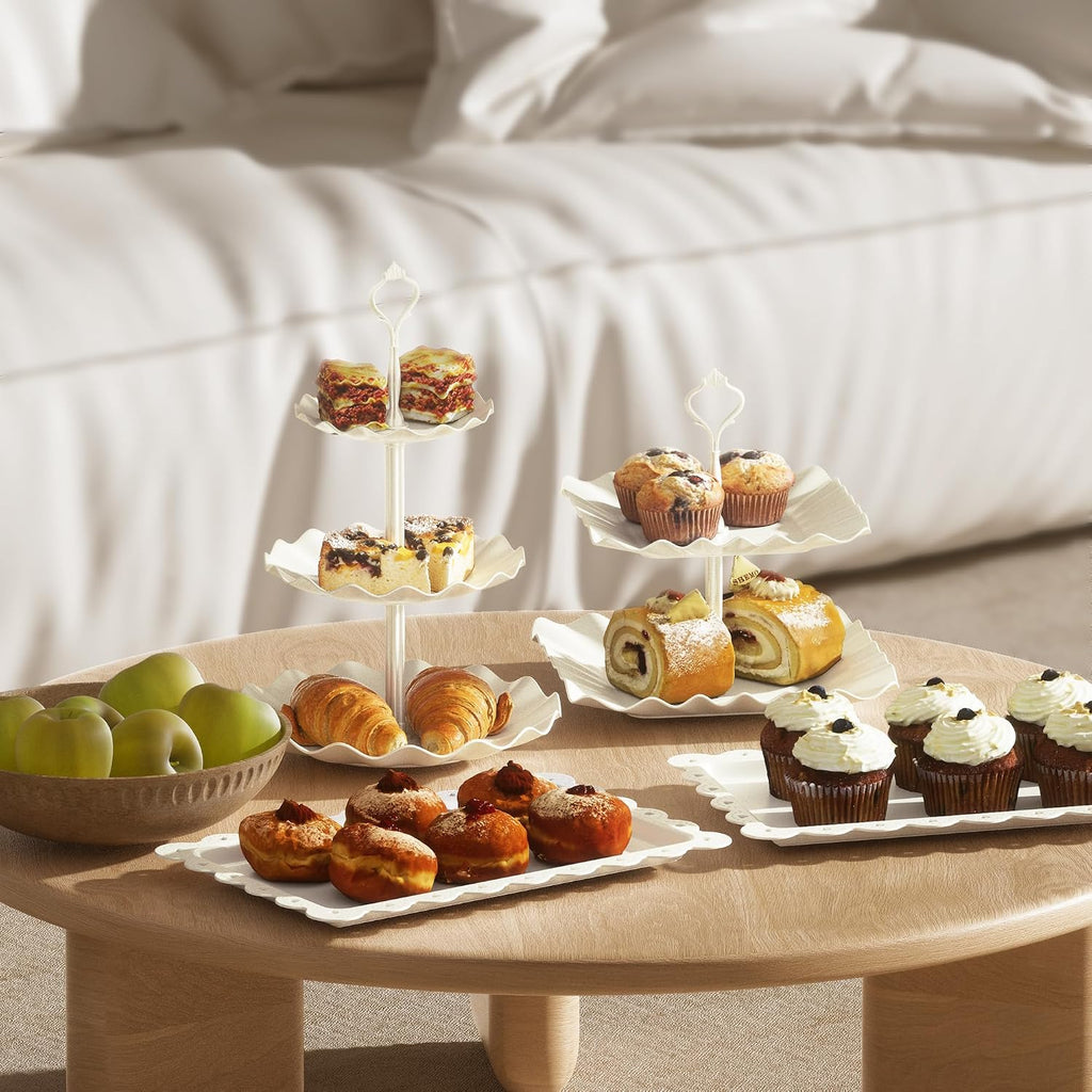 Cake Stand Set with 3 x Two-Tier and 3 x Three-Tier Cupcake Stands, Plastic Dessert Table Stand Set 3 Tired - Set of 10