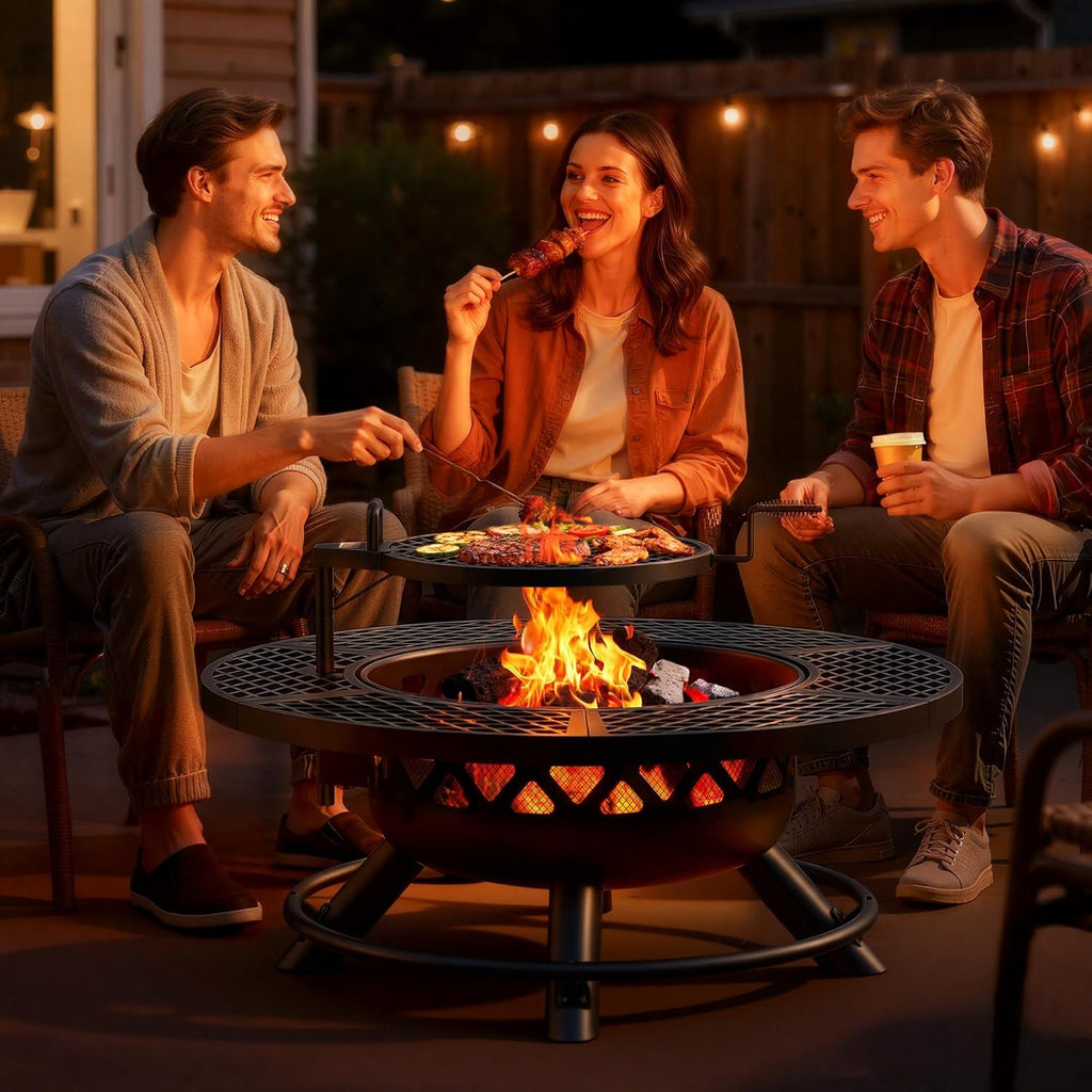 Fire Pit with Poker, 40 inch Outdoor Fire Pit Patio, Wood Burning Firepits for Outside with Grill