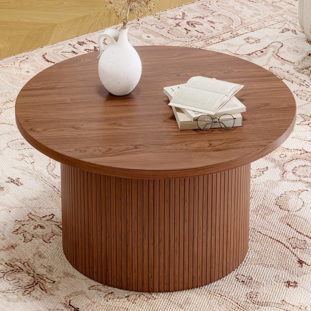 31.5" Round Coffee Table, Tambour Design Coffee Tables, Mid Century Modern Wood Coffee Table, Drum Accent Small