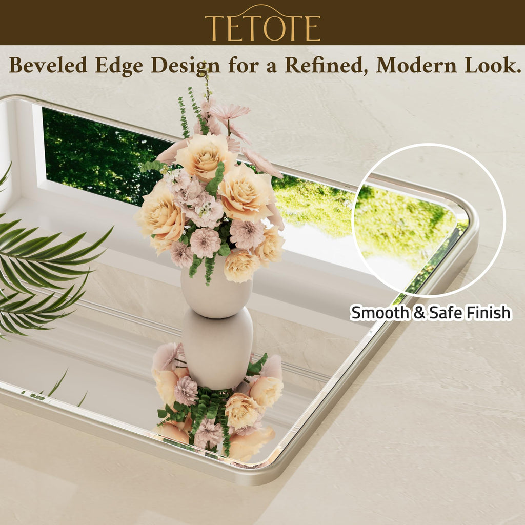Brushed Nickel Framed Bathroom Mirror 72 x 36 Large Beveled Edge Tempered Glass, Rounded Corner Rectangle Bathroom