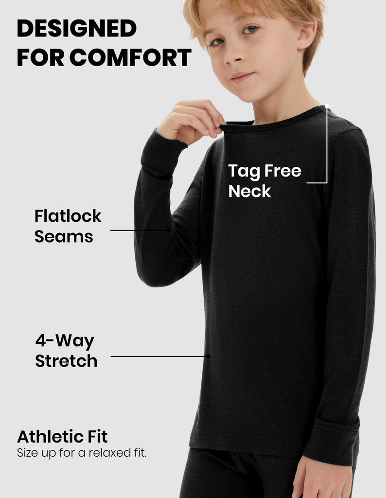 Unisex Kids 100% Merino Wool Base Layer Thermal Set Lite Black 7-8