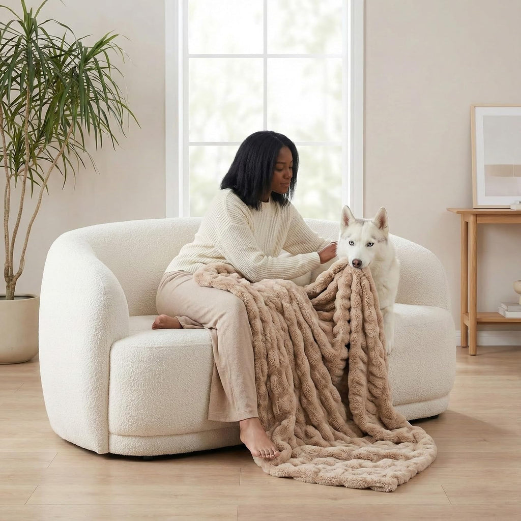 Faux Rabbit Fur Throw Blanket - 50" x 60", Elegant Ruched Design Blanket, Machine Washable and Wrinkle Resistant