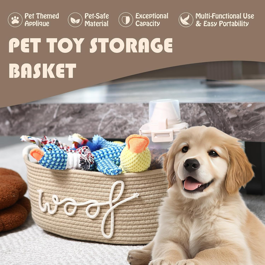 Dog Toy Storage Basket with Handles, Beige Woof