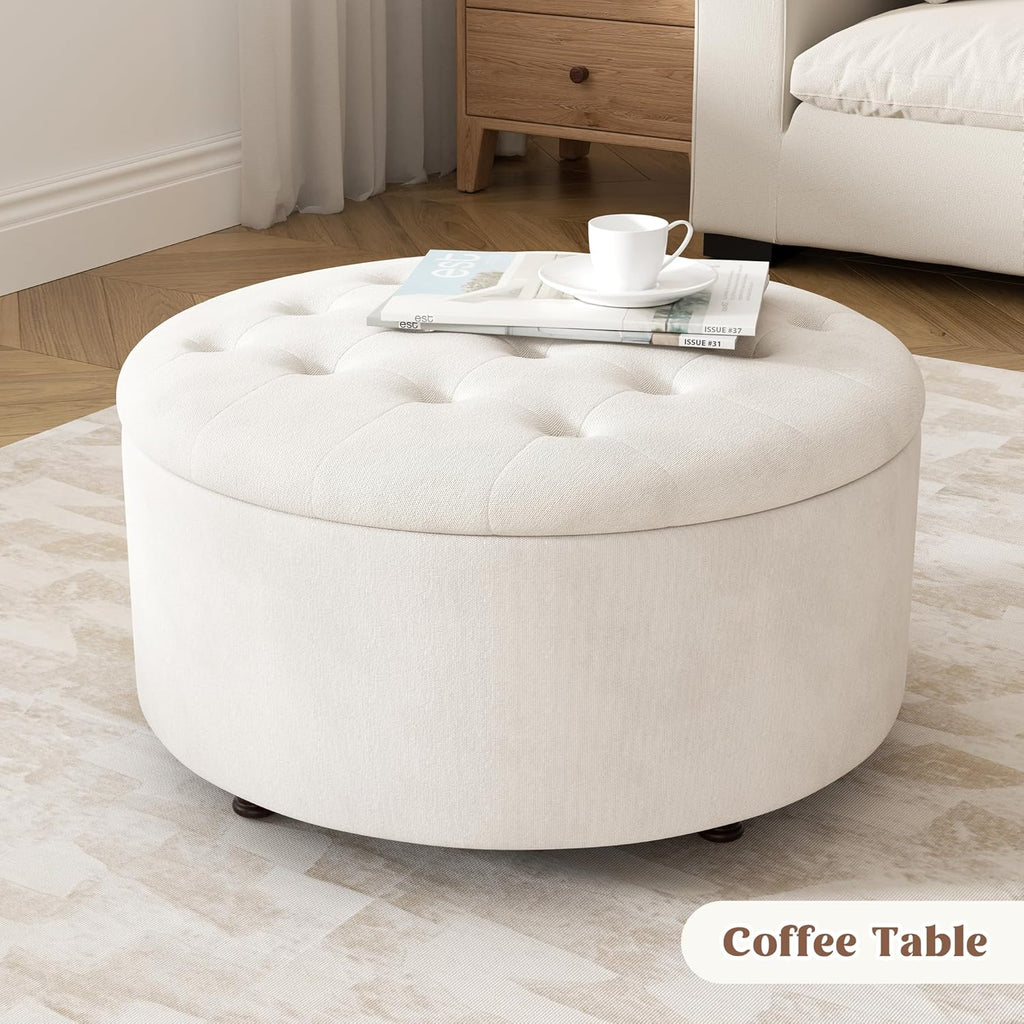 30 Inch Round Storage Ottoman,Modern Tufted Ottomans,Circular Coffee Table with Removable Top,Upholstered Large