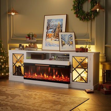 79", 3 Sided Glass Fireplace Entertainment Center for TVs up to 90'' w/Storage Cabinet, Glass Door, Adjustable Flame