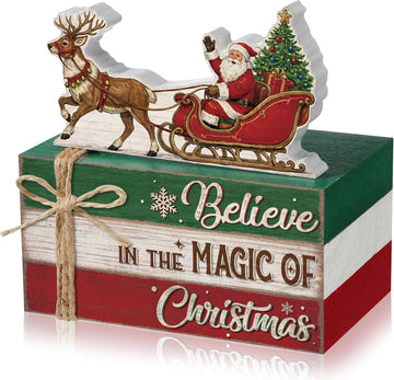 4 Pcs Christmas Santa Sleigh Table Decoration Wooden Book Stack Sign