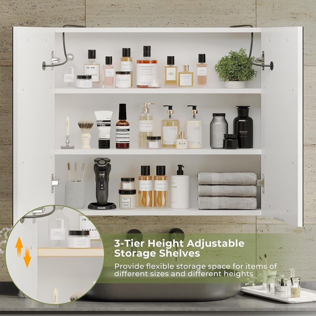 Bathroom Medicine Cabinet with Mirrors and Led Lights 27.6x23.62 inch Double Doors Wall Mounted Mirror Cabinet with