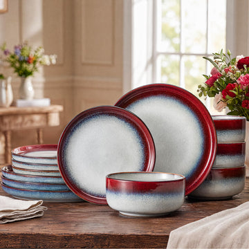 Dinnerware Set for 4, Red Reactive Glaze Plates and Bowls Sets