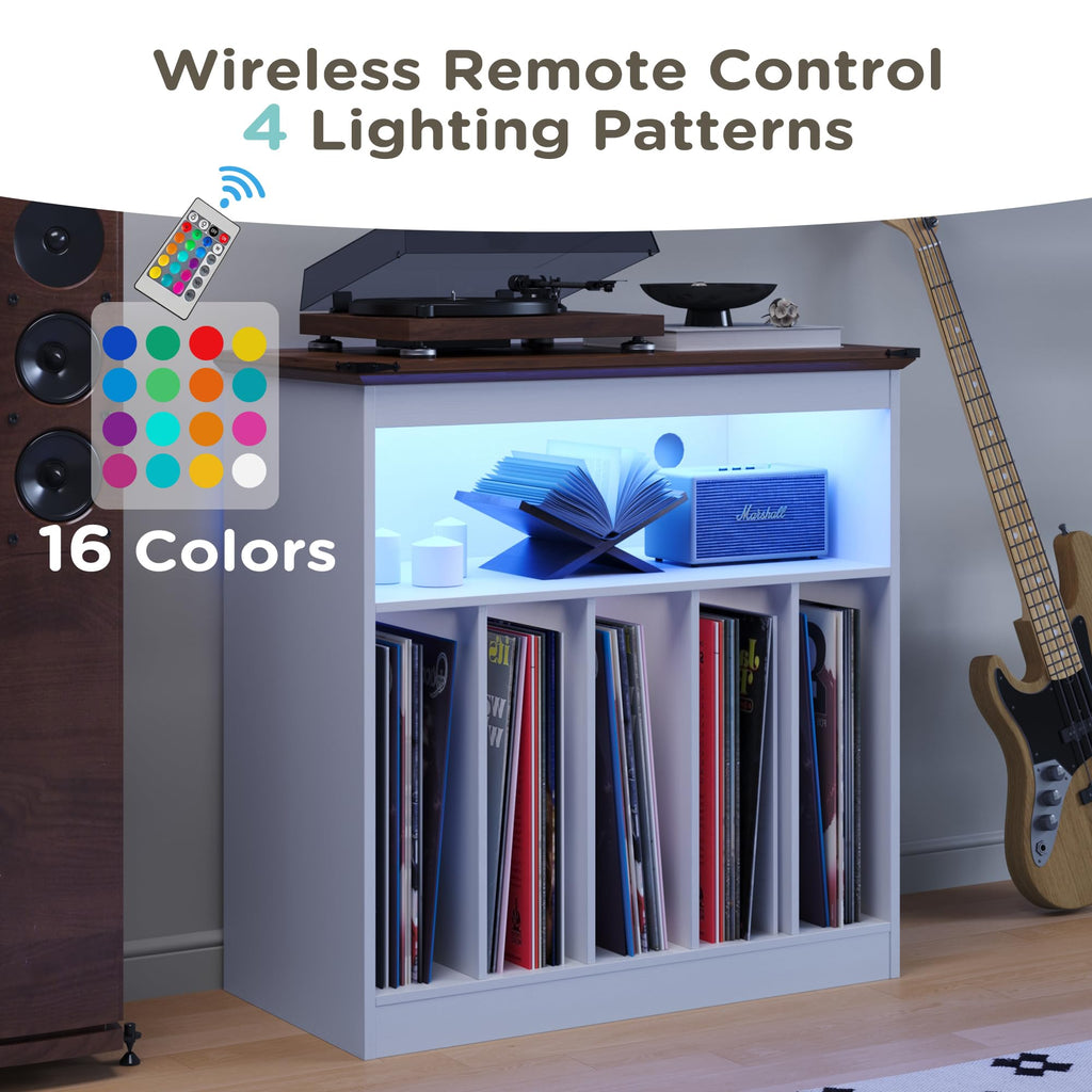 Farmhouse Large Record Player Stand with Power Outlets & LED Lights, Vinyl Record Stand hold up to 150 Albums