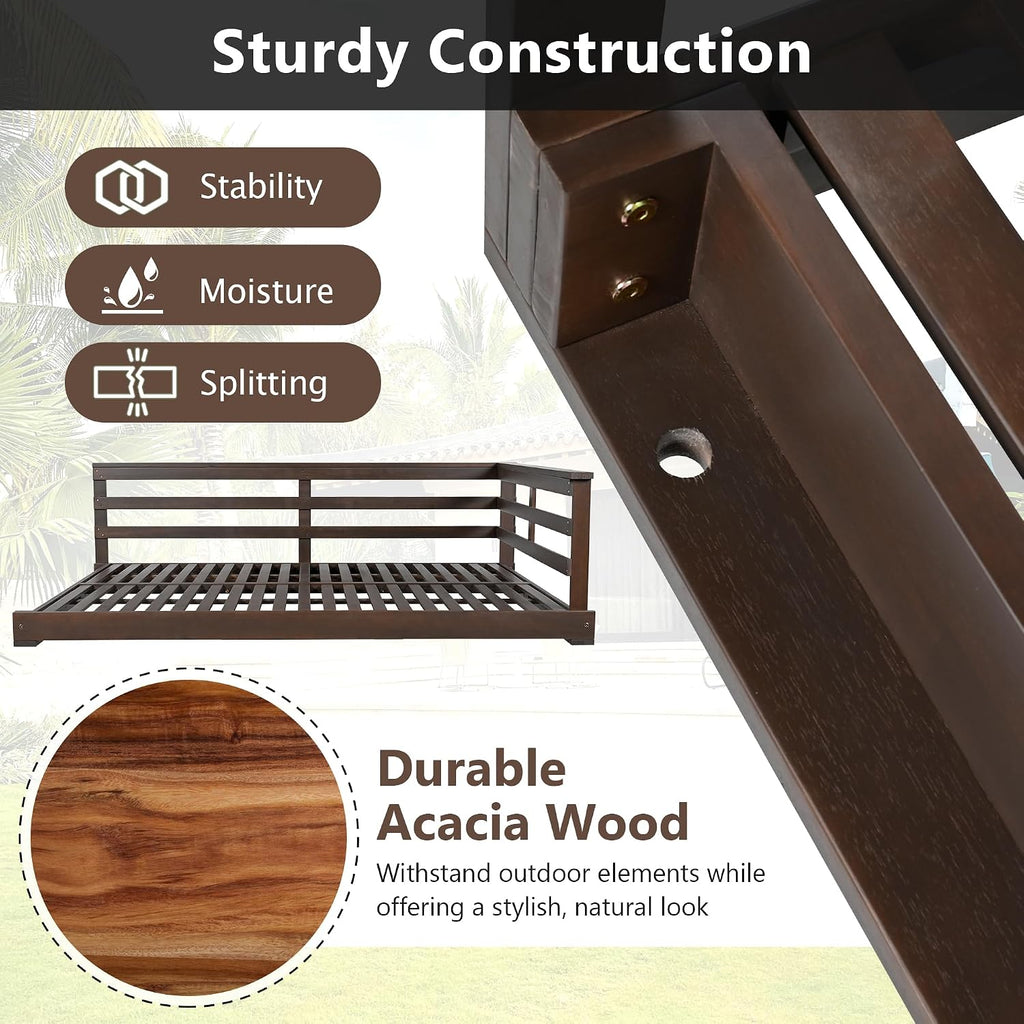 Acacia Wood Porch Swing Bed with Hemp Ropes, Full Size Outdoor Hanging Bed, 350 lb Capacity, Open-Side Minimalist