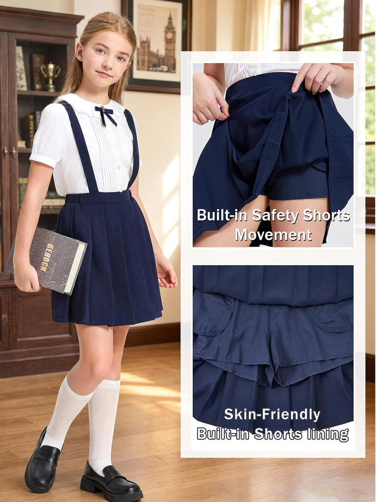 Girls Pleated Skirt Kids Suspender Uniform Skort Elastic Formal Overall Dress with Removable Straps