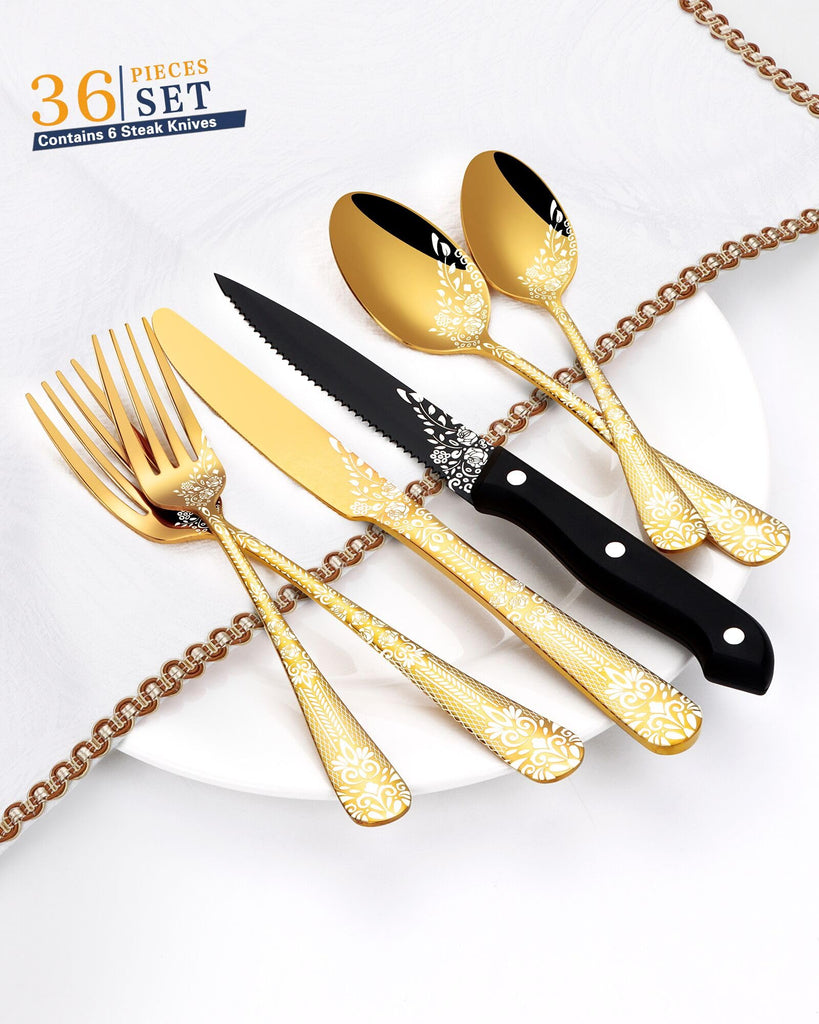 36 Piece Gold Silverware Set with Steak Knives Stainless Steel Flatware Set Food-Grade Cutlery for 6 Knife Fork Spoon