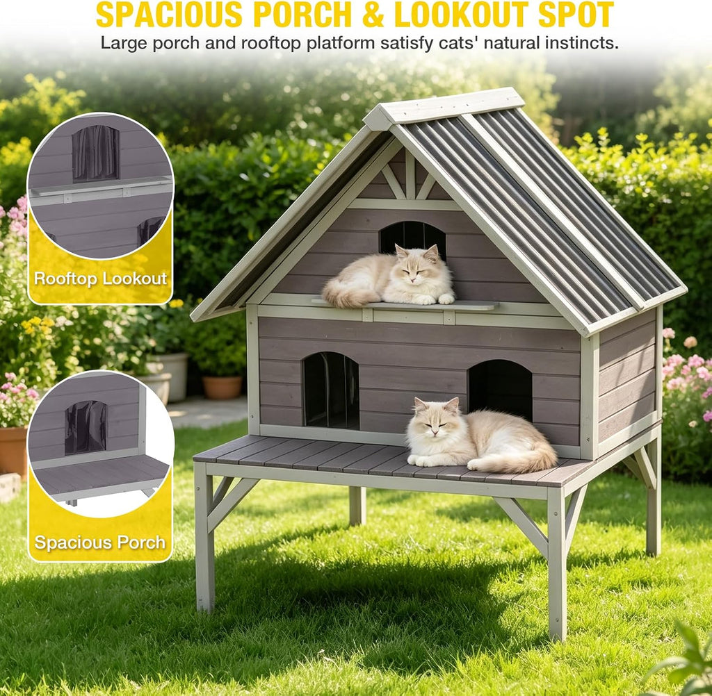 Extra Large 2-Tier Wooden Outdoor Cat House Weatherproof with Sun Balcony & 3 Escape Doors, Solid Wood Feral Cat
