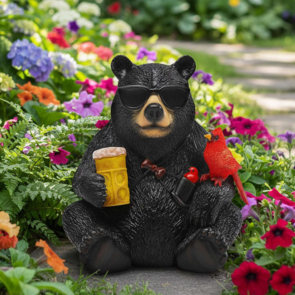 Solar Black Bear Statue for Garden with Beer and Cardinals